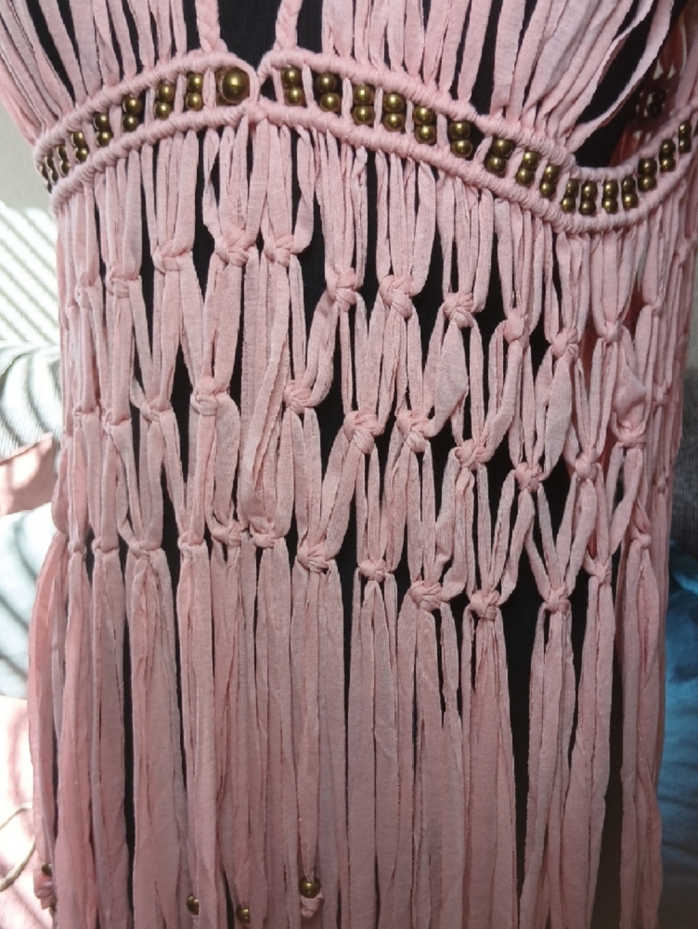 Boho Pink Macramé Fringe Vest with Beaded Trim - Picture 4 of 7